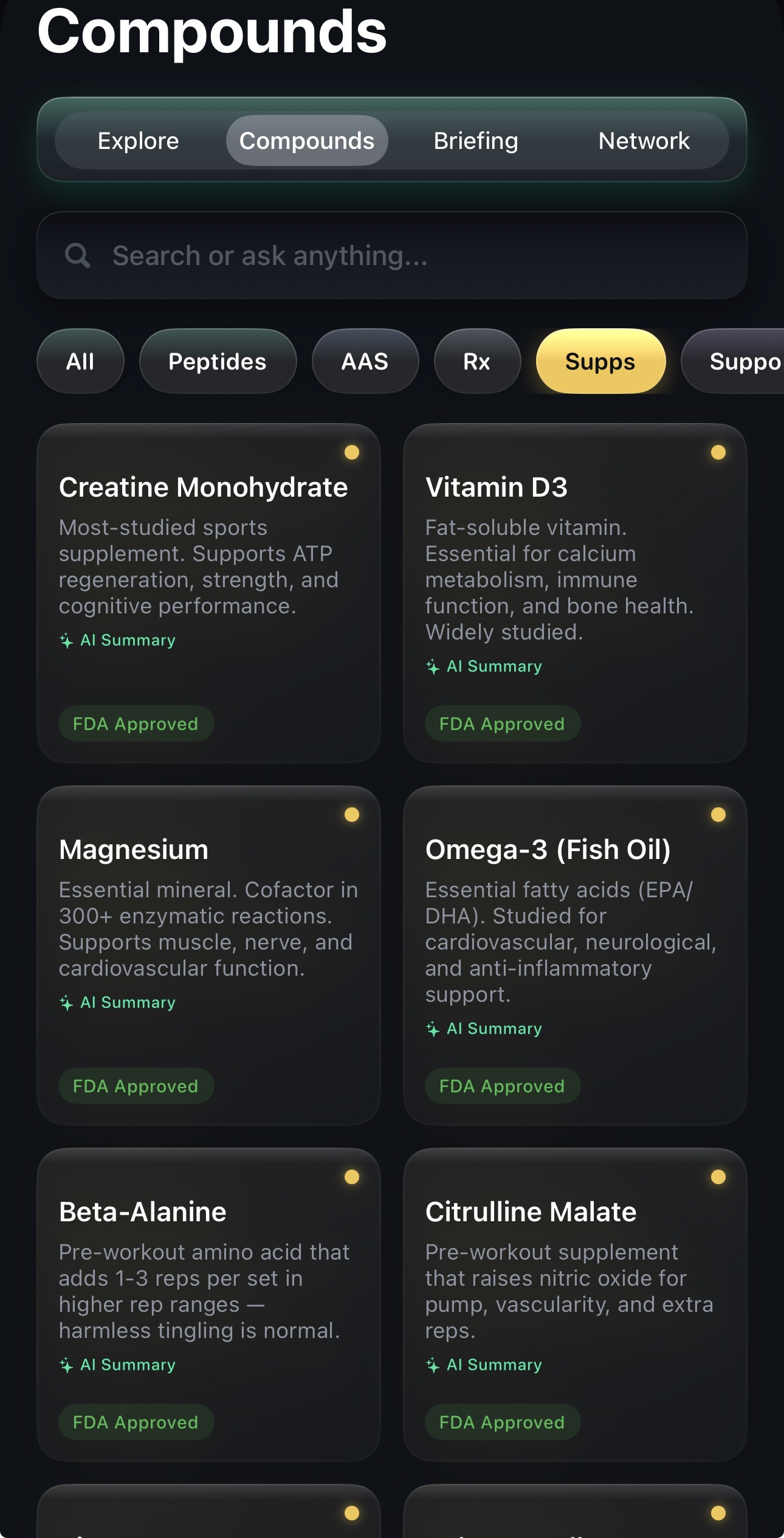 NextDose.AI compound library — Vitamins & supplements tab with amber accent for D3, magnesium, NAC and more