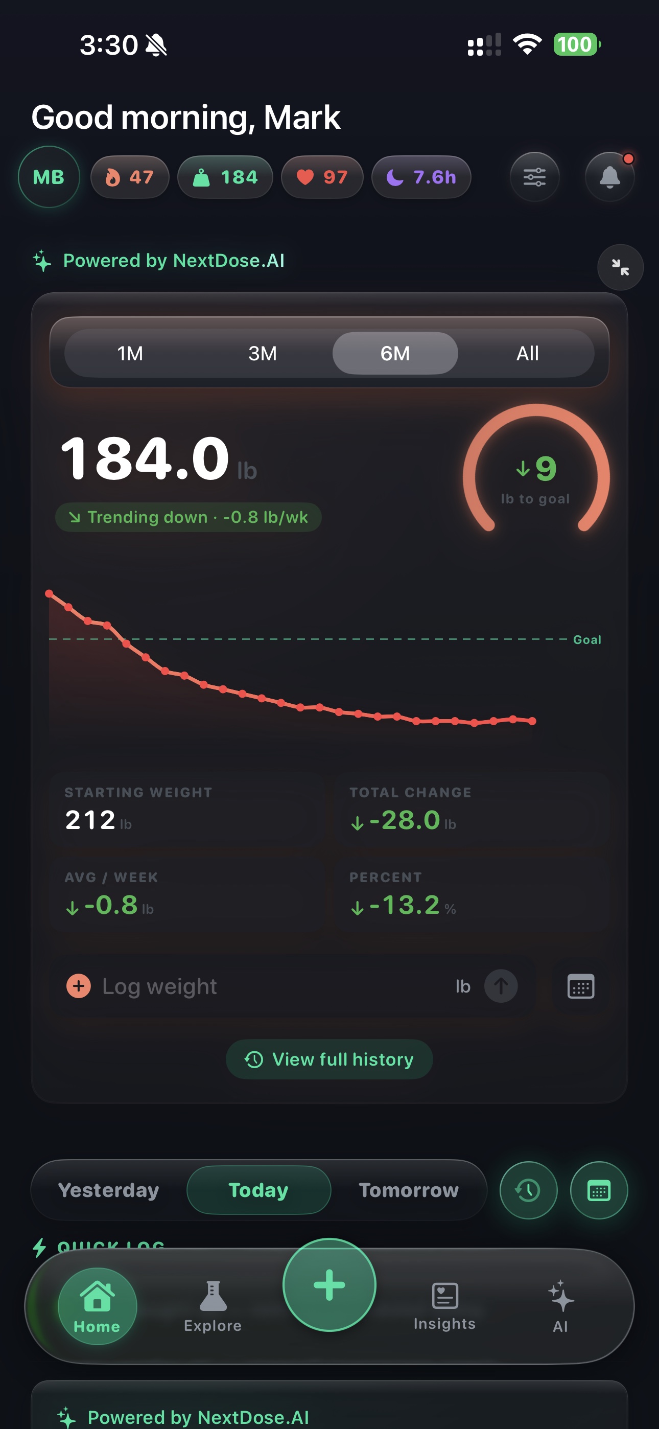 NextDose.AI weight tracking — Mark Bennett dropped 28 lbs in 8 months tracking weight against his protocol