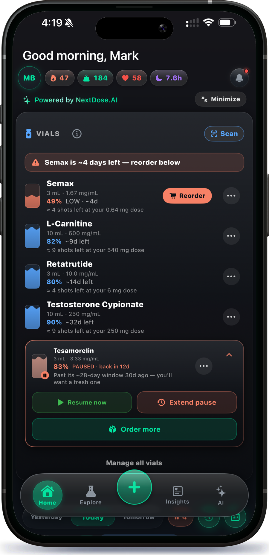 NextDose.AI Vials screen showing stock level and days remaining for each vial
