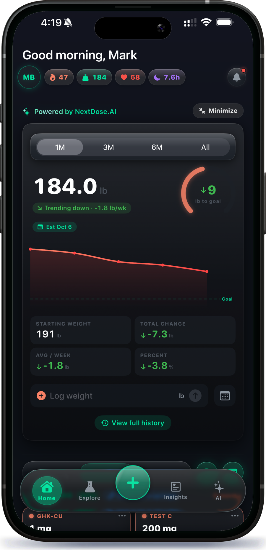 NextDose.AI weight trend screen showing progress toward a goal